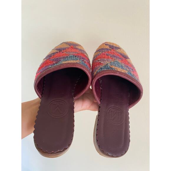 Turkish kilim tapestry carpet mules wool leather geometric size 35/36 5-6 US - Picture 4 of 7